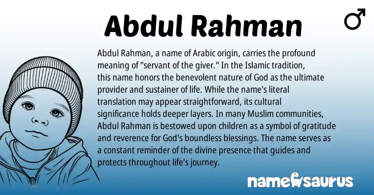 Infographic about Abdul Rahman name meaning, Abdul Rahman is a name from Arabic, Muslim origin(s).